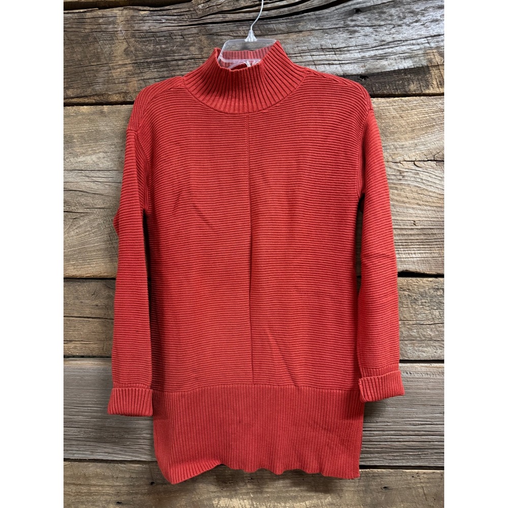 Talbots Womens XS Rust Orange Ribbed Mock Neck Tunic Sweater Side Slit Rib Knit